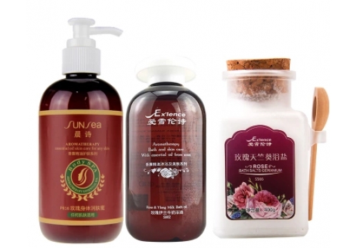 晨诗  爱雪牛奶浴油+玫瑰身体润肤蜜+玫瑰天竺葵浴盐400g图片
